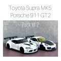 Kinsmart Toyota GR Supra MK5 Porsche 911 GT2 White Pack of Two 1:36 Scale Diecast Model Cars (Size 5 in). 