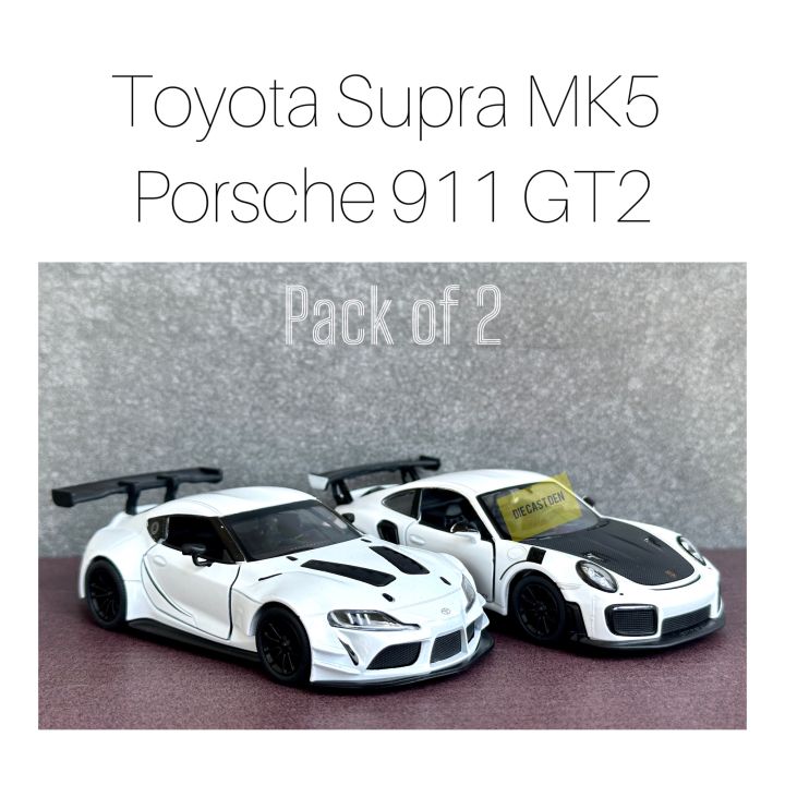Kinsmart Toyota GR Supra MK5 Porsche 911 GT2 White Pack of Two 1:36 Scale Diecast Model Cars (Size 5 in)