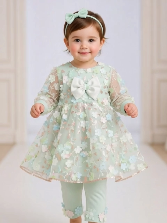 Eid Special Elegant and Fancy frock for baby girls Light Green Floral Net Frock with Matching Hairband & Trouser – 2-3 Years Baby Girl Dress