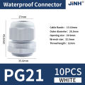JINH IP68 10Pcs PG Series Waterproof Cable Gland Cable Entry White Nylon Plastic Connector PG7/9/11/13.5/16 PG19/21/24/25.