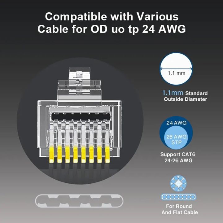ZOERAX%2050/100pcs%20Shielded%20RJ45%20CAT5%20CAT6%20Pass%20Through%20Connectors%201.1mm%20Hole%20Modular%20Plug%20Gold%20Plated%203%20Prong%208P8C%20Ethernet%20Ends%20-%20Image%202