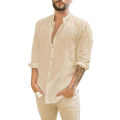 Cotton Linen Hot Sale Men's Long-Sleeved Shirts Summer Solid Color Stand-Up Collar Casual Beach Style Plus Size. 