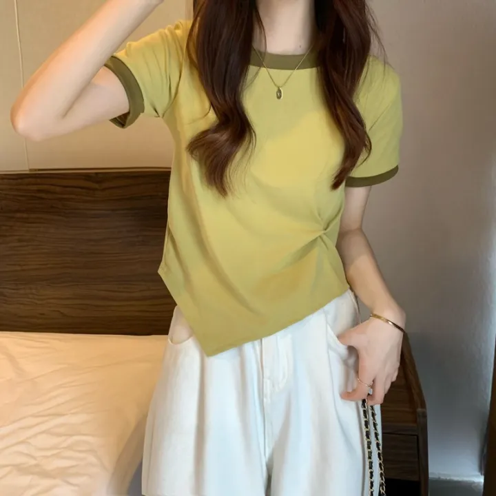 Patchwork%20Colors%20Crew%20Neck%20Crop%20Top%20Women%20Fashion%20Niche%20Design%20Short%20Sleeve%20Tee%20Y2K%20Streetwear%20New%20Summer%20Top%20Women%20-%20Image%203