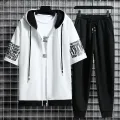 Set for Men Summer Men's Sports Suit 2-piece Print T-shirt Casual Hooded Quick Dry Running Long Pant Clothes Short Sleeve Shorts. 