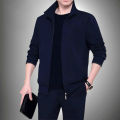 Men's autumn and winter two-piece trendy cardigan sweater casual sports set men's full set youth top and pants.