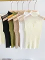 Mesh Knitted Top Women Y2K Tank Top Half Neck Vest Female Sleeveless Sweater Chic Cut Out Streetwear Solid Skinny White Tube Top. 