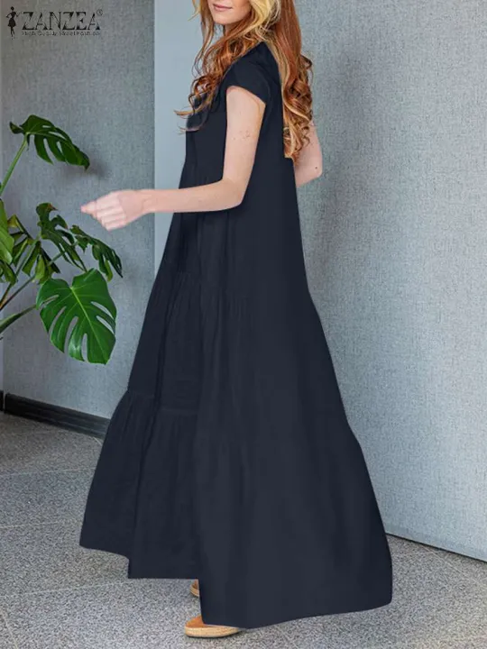 2024%20ZANZEA%20Summer%20Maxi%20Long%20Dress%20Women%20Bohemian%20Holiday%20Sundress%20V%20Neck%20Short%20Sleeve%20Robe%20Femme%20Casual%20Loose%20Ruffles%20Vestidos%20-%20Image%205