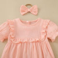 Summer female infant pink short-sleeved solid color Romper and headgear two-piece set sweet and cute. 