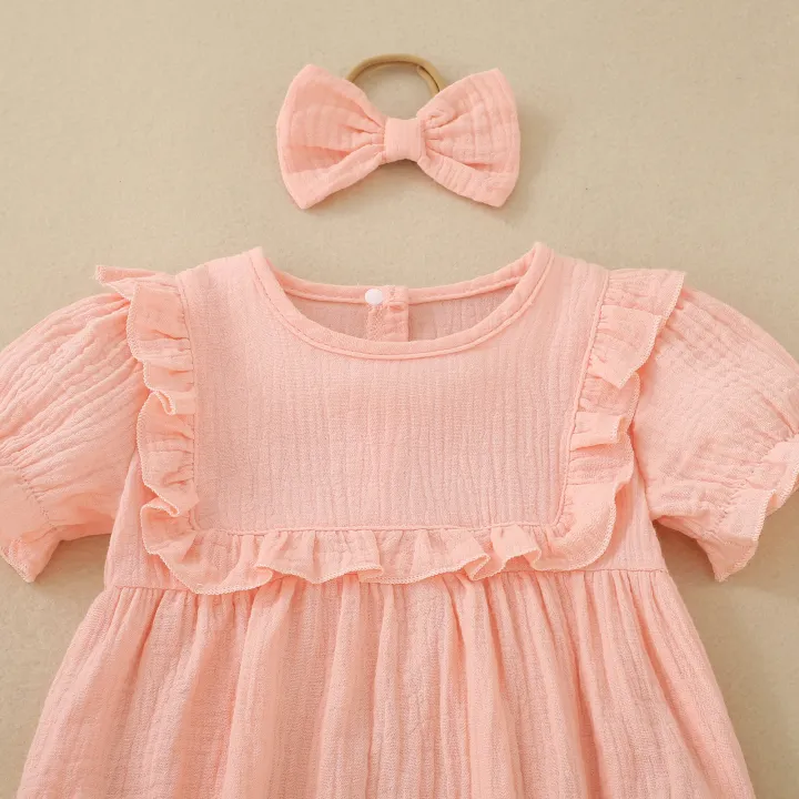 Summer%20female%20infant%20pink%20short-sleeved%20solid%20color%20Romper%20and%20headgear%20two-piece%20set%20sweet%20and%20cute%20-%20Image%203