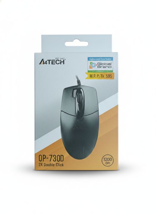A4TECH OP-730D 2X Double Click Wired Optical Mouse - 1200 DPI High-Precision USB Mouse for Laptop & Desktop - Black
