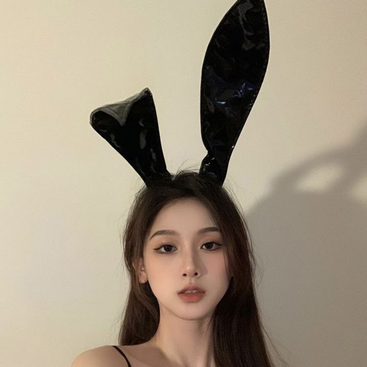 1PC Halloween Bunny Girl Patent Leather Rabbit Ears Headband, Black Bunny Ear Hair Hoop For Cosplay