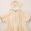 Summer female infant apricot sun print short-sleeved triangle Romper and bow headgear two-piece set. 