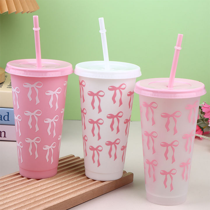 1Pc With Straw Lid Coffee Juice Tea Cute Tumbler With Straw Plastic Cups Summer 710ML Kawaii Bow Reusable Party Cups