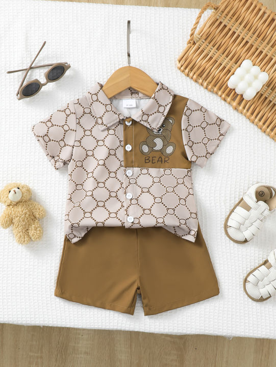Baby Boy Bear Print 2-Piece: Button Shirt + Brown Shorts – Patterned Design for Gifting .