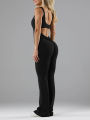 2025 Summer New Women's  Hottie Style Backless One-piece Suit Sports Fitness Yoga Pullover One-piece Suit Flared Pants. 
