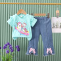 2024 New Children's Set Girls' Summer Cartoon Printed Short Sleeve+Cowboy Pants Infant Fashion Set 0-4 Years Old. 