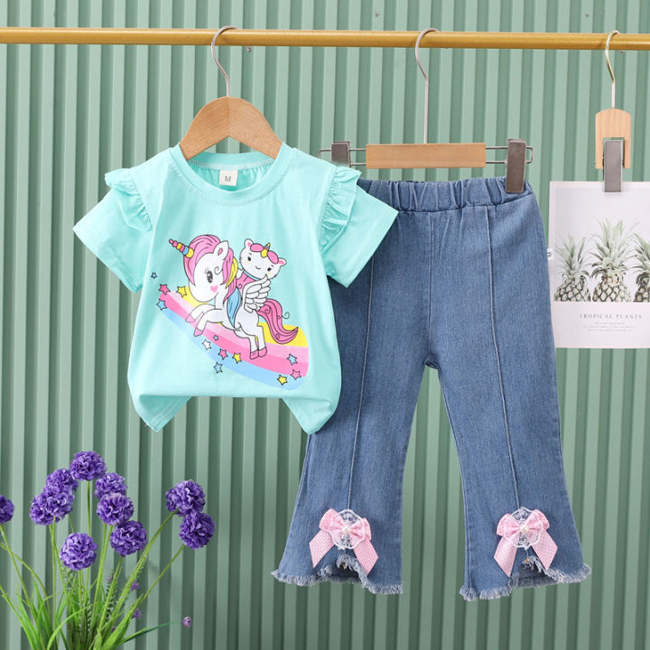 2024%20New%20Children's%20Set%20Girls'%20Summer%20Cartoon%20Printed%20Short%20Sleeve+Cowboy%20Pants%20Infant%20Fashion%20Set%200-4%20Years%20Old%20-%20Image%202