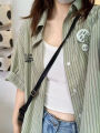 Mai Lang short-sleeved shirt, light green striped striped casual shirt, Korean style, simple match, match many looks, many styles, fabrics, comfortable to wear, not uncomfortable, ready to deliver. 