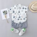 2PCS Children's Summer 100% Cotton Random Full Print Triangle Pattern Short Sleeved Stand up Collar Shirt and Shorts Set. 
