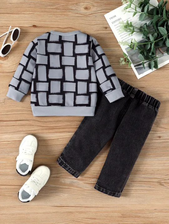 Boys'%20Trendy%20Checkered%20Sweatshirt%20+%20Vintage%20Washed%20Jeans%20Two-Piece%20Set%20-%20Image%202