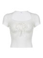 Casual White Knitted Lac Patched Female T-shirts Y2K Korean Style Slim Tie Up Shirring Summer Top Tee Folds Outfits. 