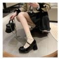 Ladies Summer Black New Small Leather Shoes Mary Janes Vintage Buckle Non-Slip Sandals Woman Medium Heels Casual Elegant Heels. 