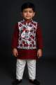 Boys Panjabi with Printed Waistcoat & White Payjama / Trouser – Kids 3 Piece Eid & Party Wear Set (White, Maroon, Light Indigo, Sky Floral). 
