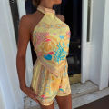 Summer Holiday Matching Sets Print Tops Shorts Women's Halter Backless Lace-up Top Beach Outfits Vacation Blue Pink Yellow 2026. 