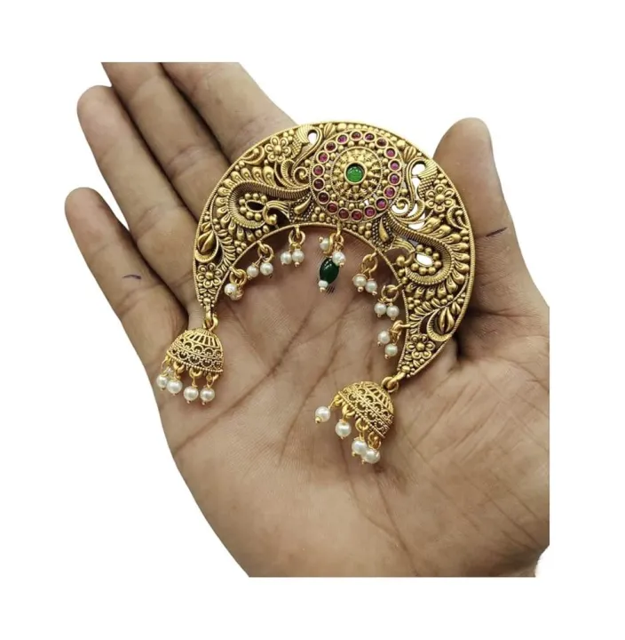 Elegant%20Gold%20Plated%20Polki%20Hair%20Brooch:%20Kemp%20Stone%20&%20Pearl%20Juda%20Pin%20-%20Image%204