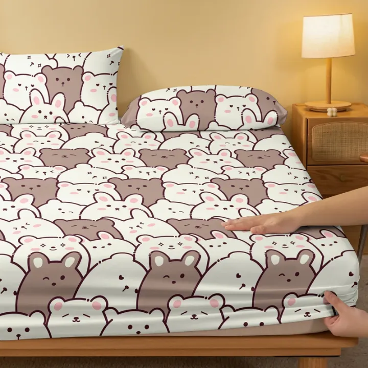 1%20Cartoon%20Cute%20Teddy%20M-bear%20Printed%20Matte%20Fitted%20Sheet,%20Bedroom%20Printed%20Bed%20Cover,%20Bedding%20(Excluding%20Pillowcases)%20-%20Image%203