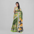 Bright Orange & White Floral Print on Olive Green Body | Digital Printed Saree | Contrast Aanchal & Border. 