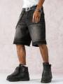 Men's Spring and Summer Street Fashion Casual Frayed-Hem Loose Wide-Leg Black Denim Shorts. 