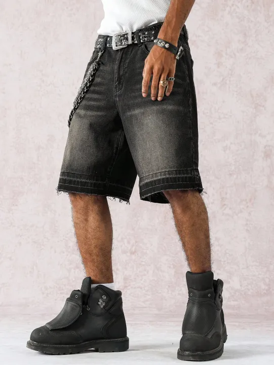 Men's%20Spring%20and%20Summer%20Street%20Fashion%20Casual%20Frayed-Hem%20Loose%20Wide-Leg%20Black%20Denim%20Shorts%20-%20Image%206