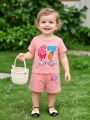 2pcs/Set Girls Creative 67 Print T-Shirt + Shorts, Spring/Summer New Outdoor Casual Wear. 