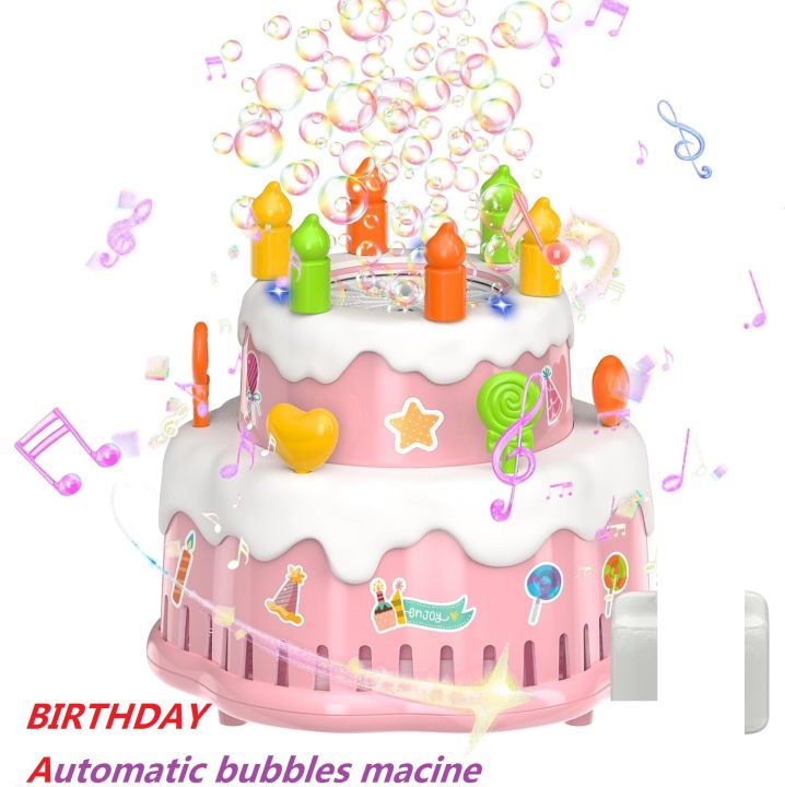 Birthday Cake Bubble Machine for Kids Automatic Bubble Blower 10000+ Bubbles Per Minute/Lights/Music Summer Bubble Maker Toys
