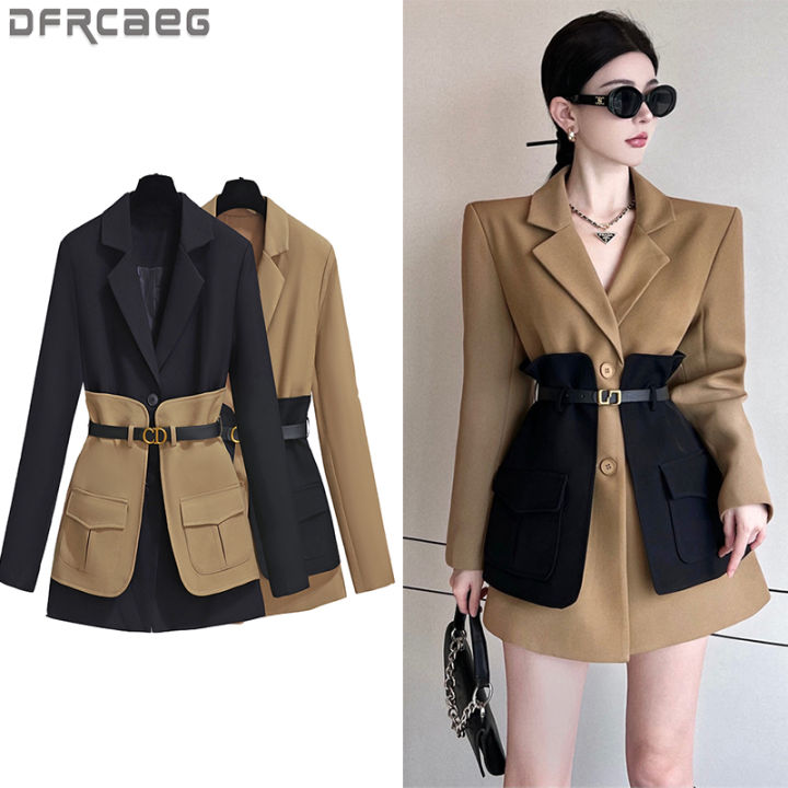 New 2025 Spring Blazer For Women Patchwork Color Korean Fashion Coat And Jacket Women With Belt Outwears Minimalist Blazer