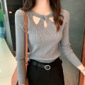 Women's O-neck Stretch Sexy Pullover Lady 2024 Autumn Winter Hollow Solid Color Sweater Slim Bottoming Shirt Jumper Sueter 16639. 