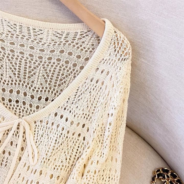 Women's%20Summer%20Lace%20Knit%20Cardigan%20Long%20Sleeve%20V-neck%20Openwork%20Crochet%20Tie%20Front%20Sun%20Protective%20Shawl%20Versatile%20Cover-Up%20for%20Fall%20-%20Image%204