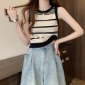 Knitted striped camisole women's summer outer wear French off-shoulder short sleeveless top versatile and trendy. 