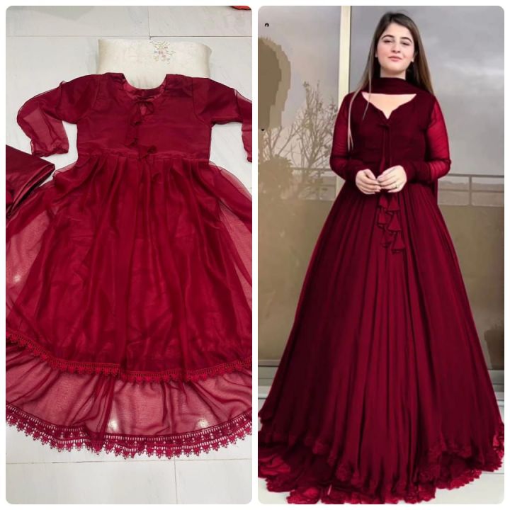 FK Collection Stitched 3-Piece Double Layer Maxi Dress for Women and Girls - Chiffon Fabric, Casual and Party Wear, Medium and Large Sizes