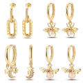 New in 925 Silver Color Gold Pearl Bee Irregularity Star Moon Earrings For Women 2024 Trending Fashion Jewelry Birthday Gifts.