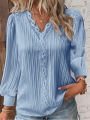 Women Lace Stitching Shirt Solid V-neck Simple Black Chiffon Decoration Hollow Out Design Fashion Elegant Top Office Lady Blouse. 