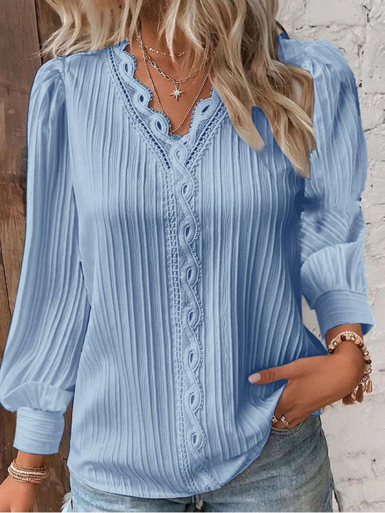Women%20Lace%20Stitching%20Shirt%20Solid%20V-neck%20Simple%20Black%20Chiffon%20Decoration%20Hollow%20Out%20Design%20Fashion%20Elegant%20Top%20Office%20Lady%20Blouse%20-%20Image%203
