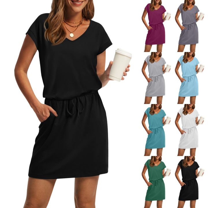 Women's%20Summer%20V-neck%20T-shirt%20Casual%20Short%20Sleeve%20Drawstring%20Dress%20With%20Pocket%20Solid%20Color%20Basic%20Loose%20Commute%20Skirt%20-%20Image%206