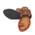 Ladies Gorgeous Random Use Flat Sandals With Puthi work - Rajsthani Stone Work One Pie Girls Flat Shes - Womens One Pie Casual Slipper - Female Flat Slides Sandals.
