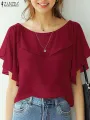 ZANZEA Women Chiffon Blouse Elegant Short Sleeve Shirt 2024 Summer Korean Fashion Solid Tops Tunic Casual Loose Ruffle Hem Blusa. 