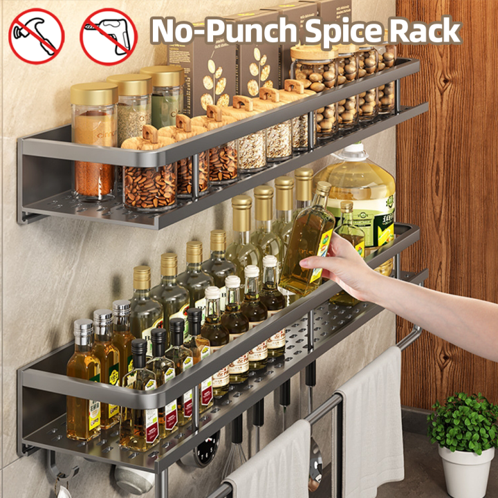 Wall-Mounted Kitchen Spice Rack Organizer Carbon Steel No Drilling 12 ...