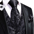 Hi-Tie Black Men Vest Paisley Jacquard Necktie Hankerchief Cufflinks Sets Male Sleeveless V-Neck Waistcoat Business Formal.