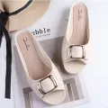 Women's Summer PVC Half Slippers Fashion Square Buckle Casual Chunky Heels Wear Flat Sandals. 