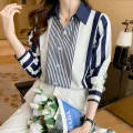 Women's Shirt Blue Striped Blouses for Women Long Sleeve Top Women Button Up Polo Neck Clothes Female 2023 Fashion Leisure Shirt. 